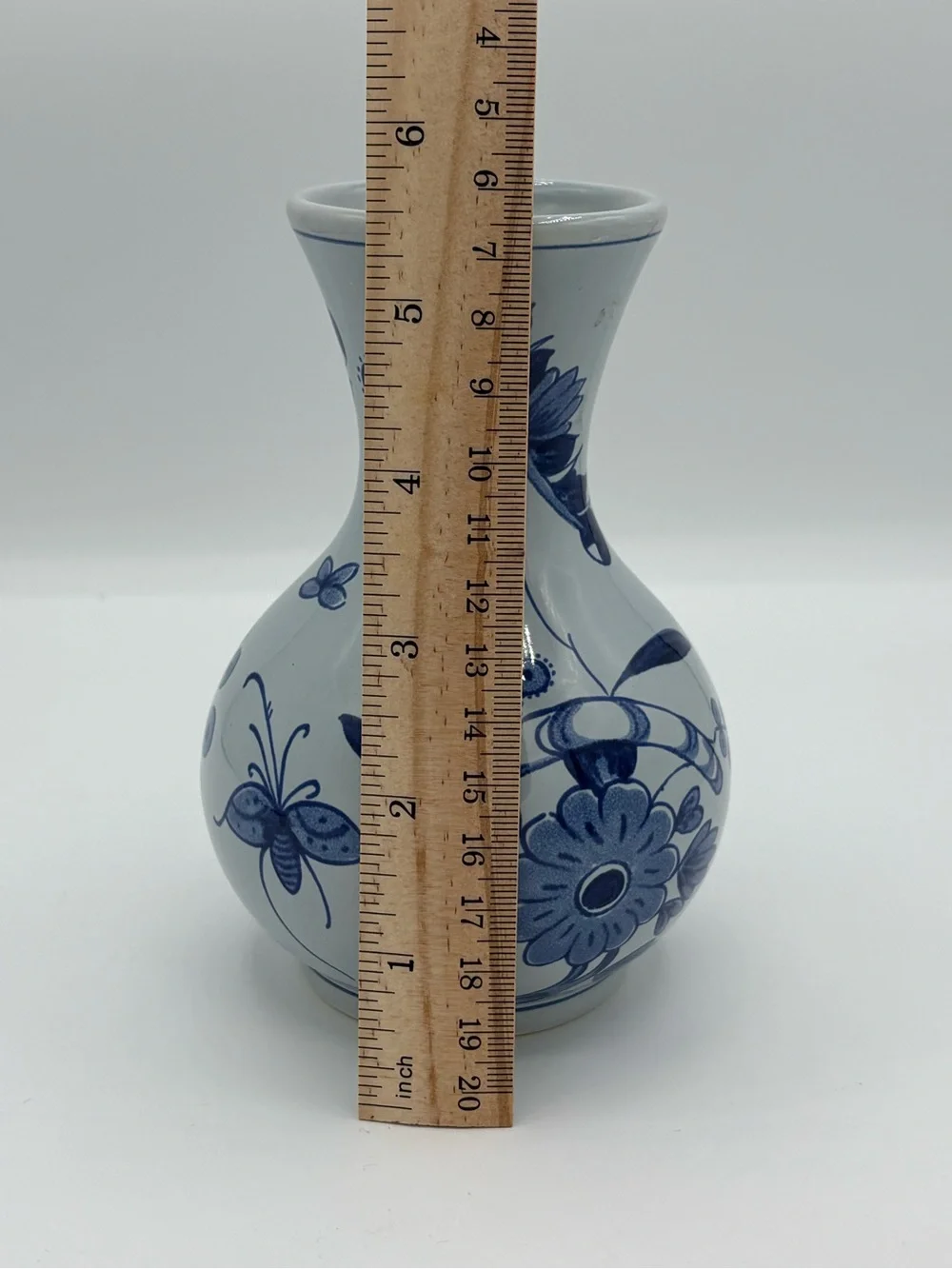 Vintage Delft Style Blue & White Floral Butterfly Ceramic Bud Vase 5”